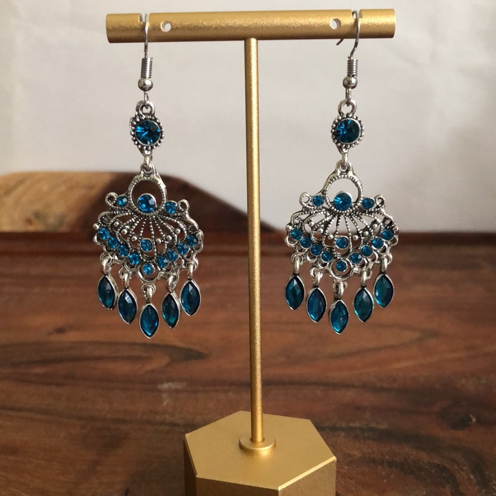 Women’s Cubic Zircon Blue Long Tassel Statement Earrings Boho Daily Wear Party